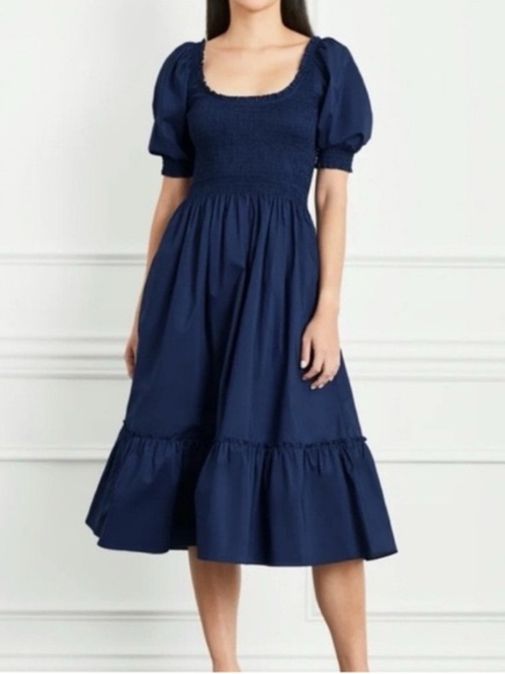 Hill House Home Navy Midi Nap Dress NWT S Cottagecore Milkmaid Smocked Romantic